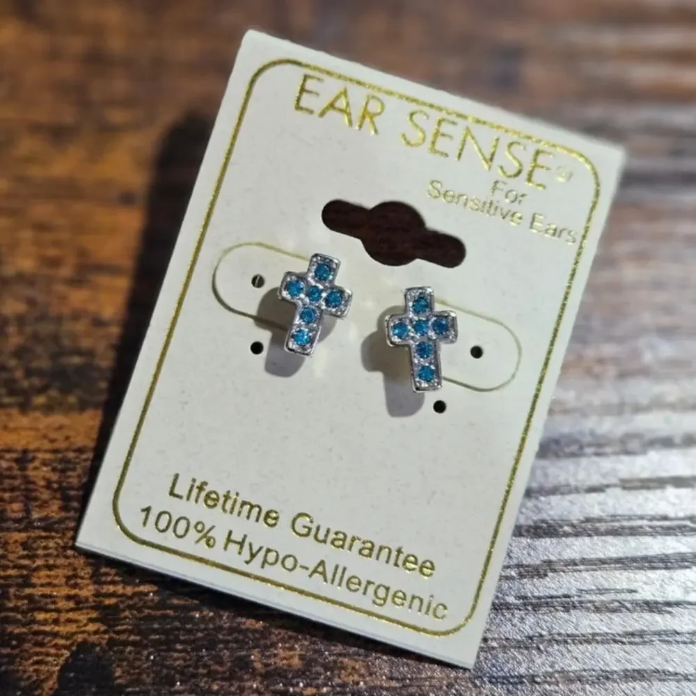 Ear Sense Sensitive Ears Blue Rhinestone Cross Stud Earrings NWT Deadstock